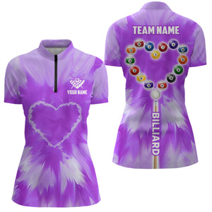 Customized Purple Tie Dye Heart Billiard Women Quarter-Zip Shirt, Unique Billiard Shirt Gift TDM1362