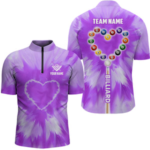 Customized Purple Tie Dye Heart Billiard Men Quarter-Zip Shirt, Unique Billiard Shirt Gift TDM1362