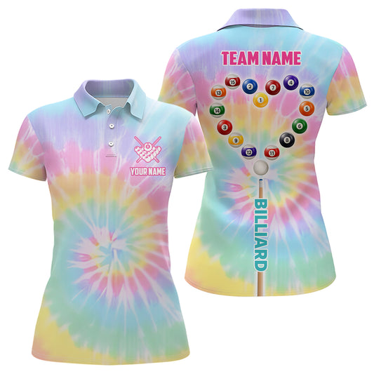 Personalized Colorful Tie Dye With Heart Billiard Women Polo Shirts, Unique Billiard Shirts Gifts TDM1363