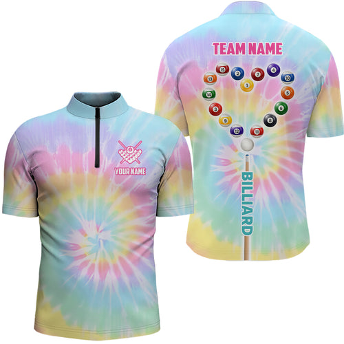 Custom Colorful Tie Dye Heart Billiard Men Quarter-Zip Shirts, Unique Billiard Shirt Gifts TDM1363