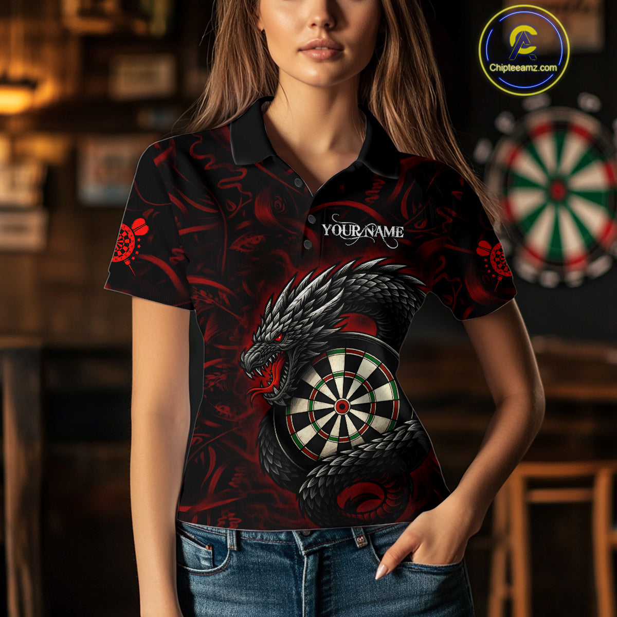 Black And Red Dragon Darts Shirt For Women Custom Darts League Team Jersey Polo & Quarter Zip TDM4723