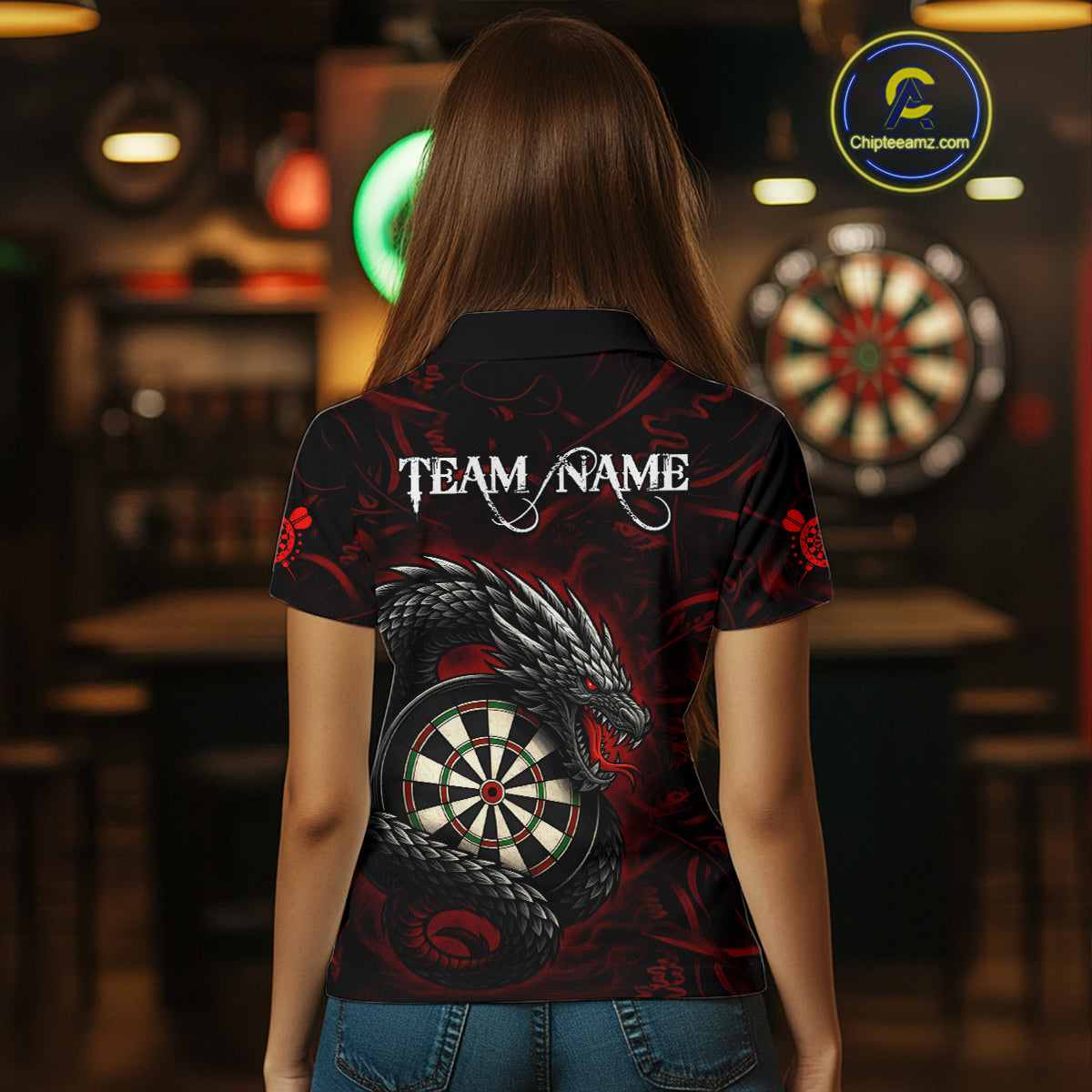 Black And Red Dragon Darts Shirt For Women Custom Darts League Team Jersey Polo & Quarter Zip TDM4723