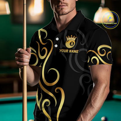 Black And Gold 8 Ball Crown Tribal Billiard Shirt For Men Custom Pool Jersey Billiard Team Shirt TDM4724
