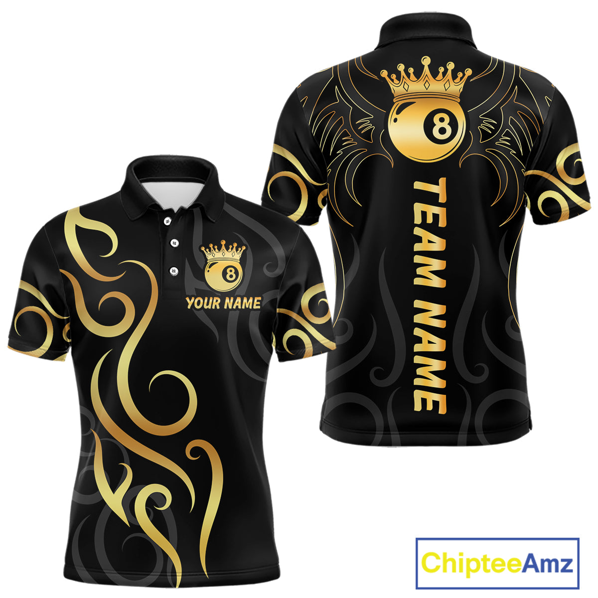 Black And Gold 8 Ball Crown Tribal Billiard Shirt For Men Custom Pool Jersey Billiard Team Shirt TDM4724