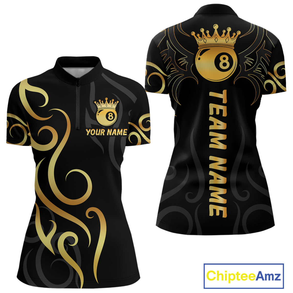 Black And Gold 8 Ball Crown Tribal Billiard Shirt For Women Custom Pool Jersey Billiard Team Shirt TDM4724