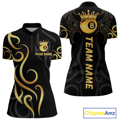 Black And Gold 8 Ball Crown Tribal Billiard Shirt For Women Custom Pool Jersey Billiard Team Shirt TDM4724