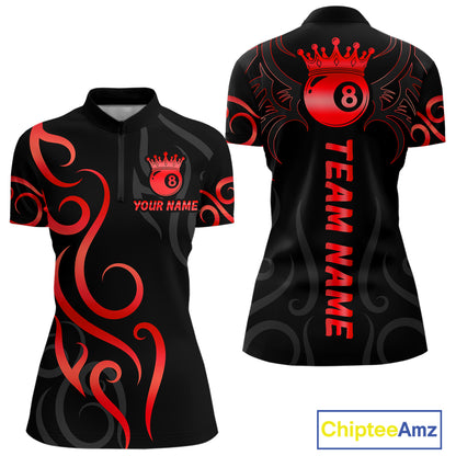 Black And Red 8 Ball Crown Tribal Billiard Shirt For Women Custom Pool Jersey Billiard Team Shirt TDM4725