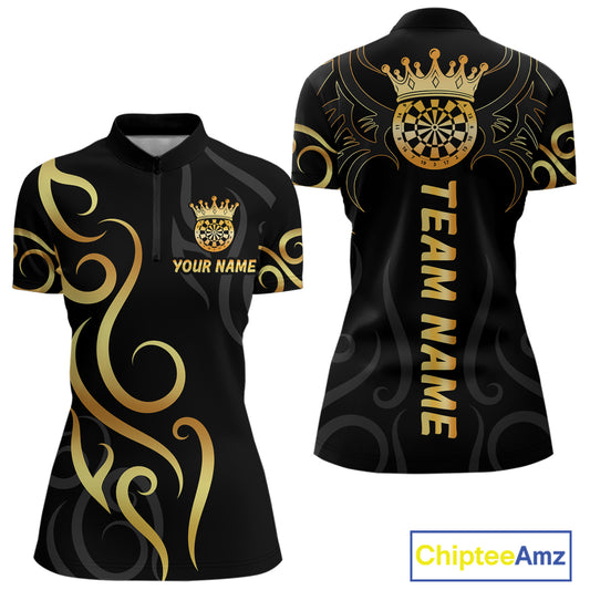 Black And Glowing Gold Dartboard Crown Tribal Darts Shirt For Women Custom Darts Team Jersey TDM4727
