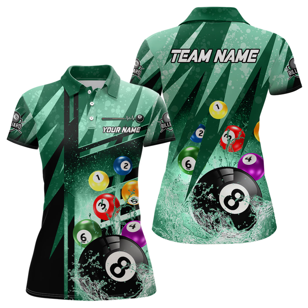 Personalized Billiard Balls In Water 3D Green Polo Shirts For Women, Custom 8 Ball Pool Team Shirts TDM0481