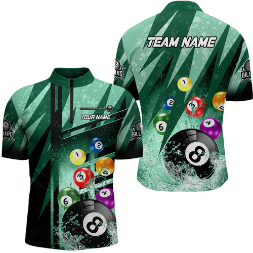 Personalized Billiard Balls In Water 3D Green Men Quarter-Zip Shirts Custom 8 Ball Apparel TDM0481