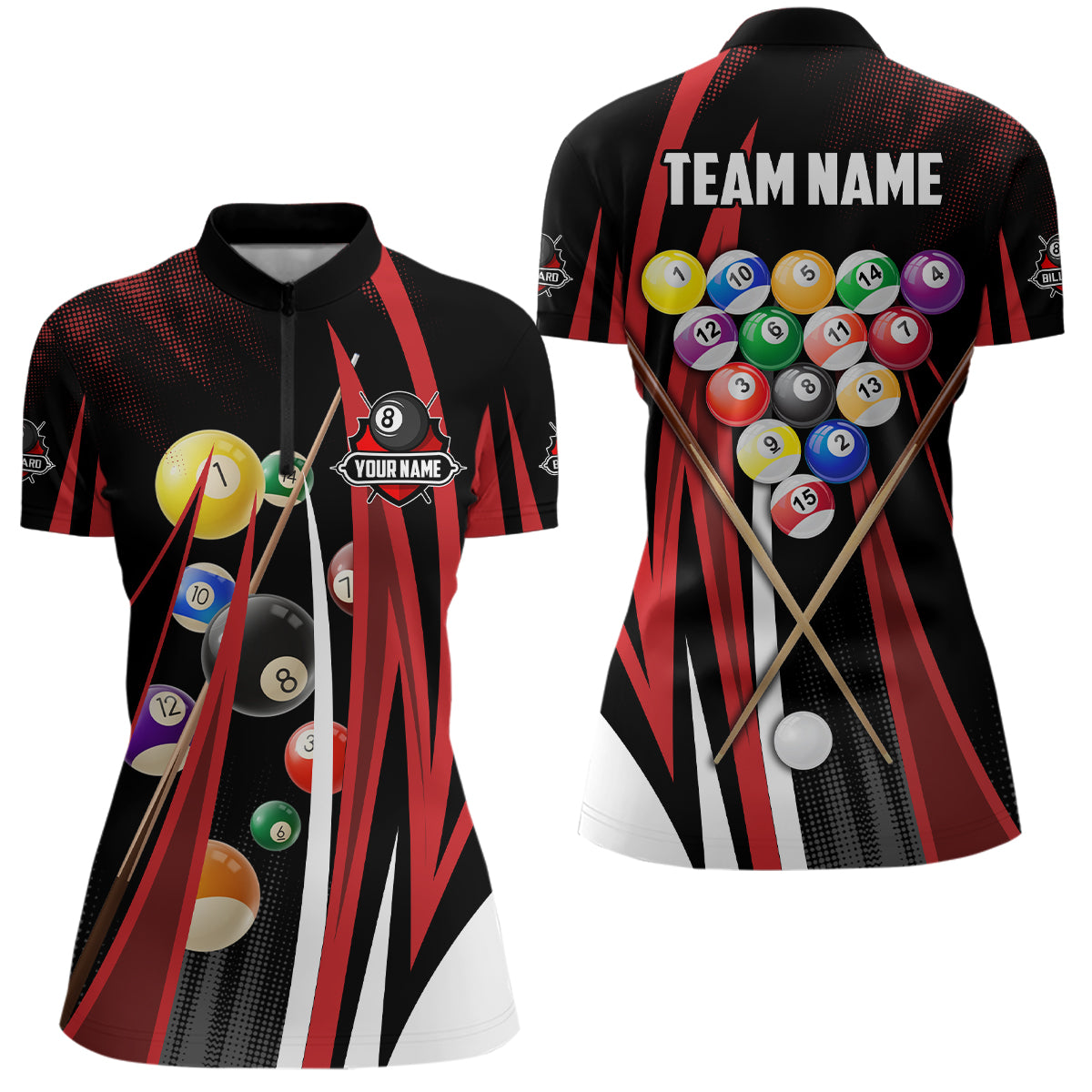 Personalized Red 3D Billiard Balls Women Quarter-Zip Shirts, Pool League Billiard Jerseys TDM0680