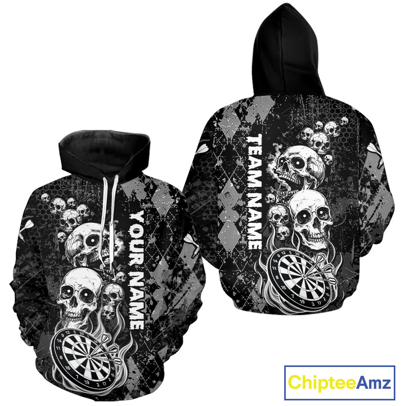 Black Grey Grunge Argyle Skull Darts Hoodie For Men And Women Custom Darts Team Jersey TDM3836