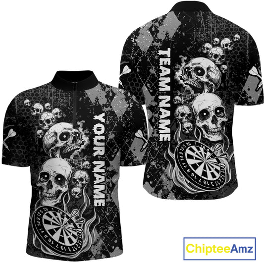 Black Grey Grunge Argyle Skull Dart Shirts Custom Men's Dart Jerseys Team Polo & Quarter Zip TDM3836