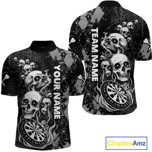 Black Grey Grunge Argyle Skull Dart Shirts Custom Men's Dart Jerseys Team Polo & Quarter Zip TDM3836