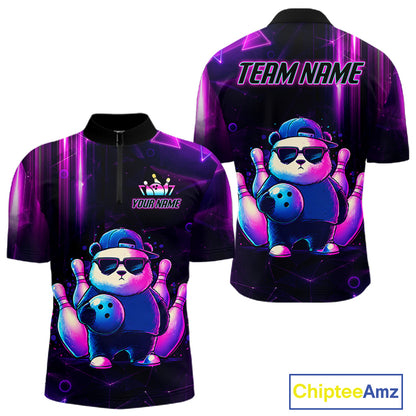 Colorful neon panda bowling quarter zip shirt for men designed for tournaments and league matches.
