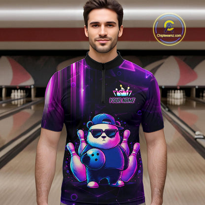 Man wearing a neon panda bowling quarter zip jersey during bowling league play front view.