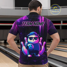 Load image into Gallery viewer, Back view of man wearing a neon panda bowling quarter zip shirt in a bowling alley.