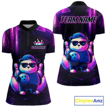 Load image into Gallery viewer, Colorful neon panda bowling quarter zip shirt for women designed for tournaments and league matches.