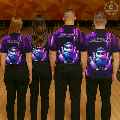 Back view of bowling team wearing matching neon panda bowling shirts in a bowling alley.