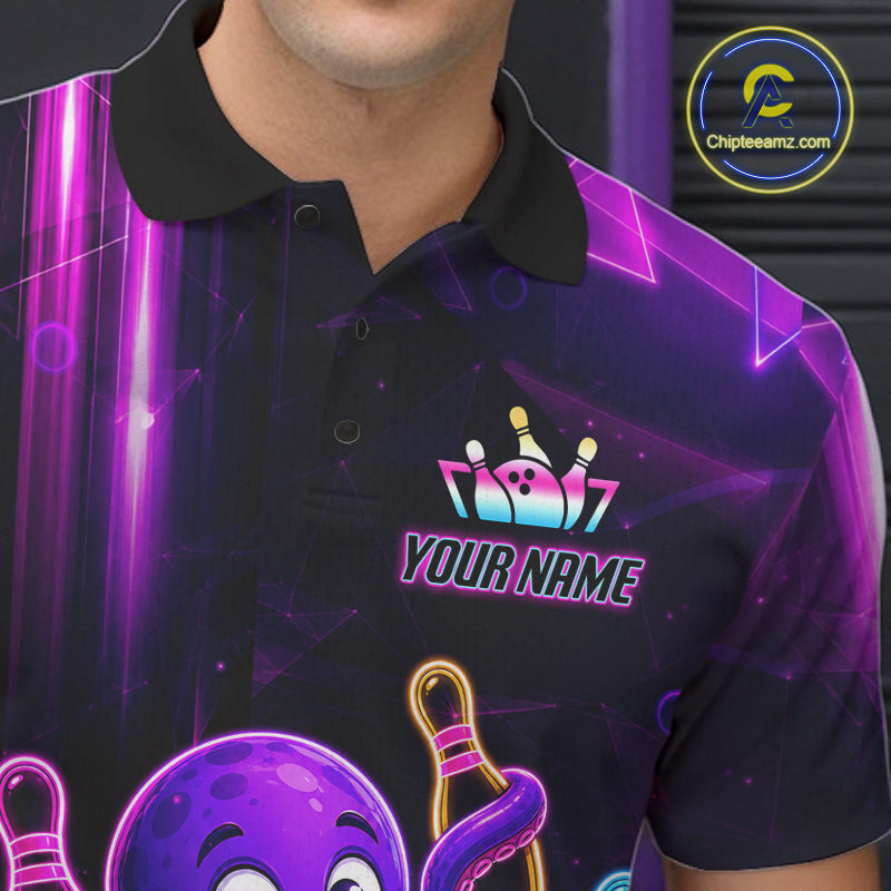 Close-up of a neon octopus bowling polo shirt collar, buttons, and colorful artwork.