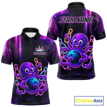 Load image into Gallery viewer, Colorful neon octopus bowling polo shirt for men with fun custom bowling team graphics.
