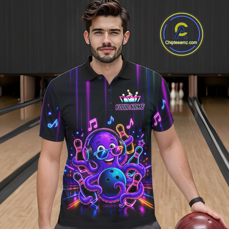 Man wearing a neon octopus music bowling polo shirt at a bowling alley front view.