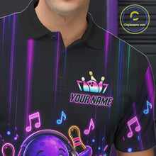 Load image into Gallery viewer, Close-up of a neon octopus bowling polo shirt collar, buttons, and colorful music-themed artwork.