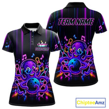 Load image into Gallery viewer, Neon octopus music bowling polo shirt for women with colorful custom bowling team graphics.