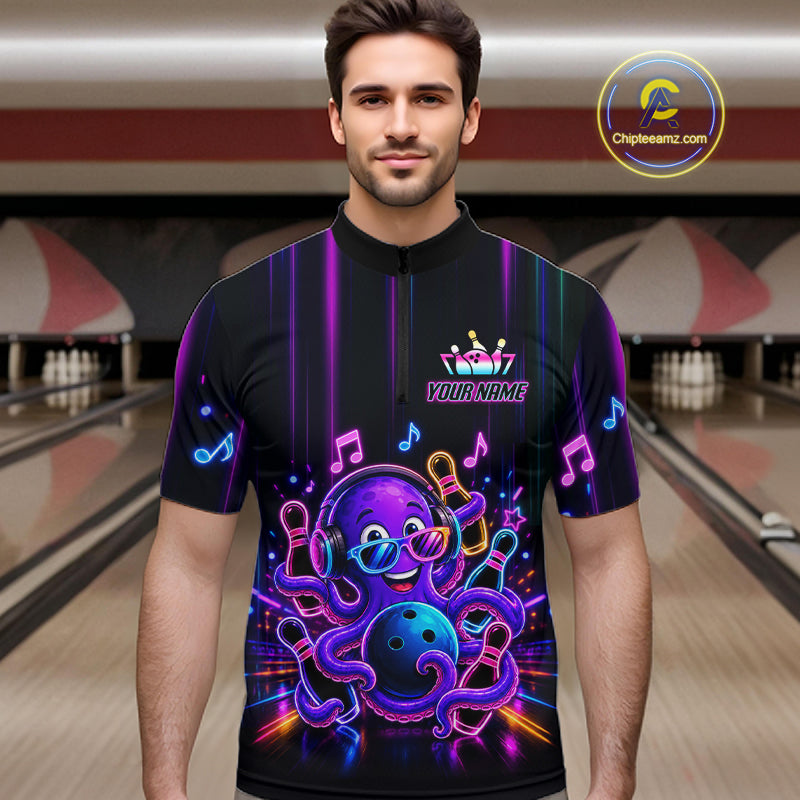 Man wearing a neon octopus music bowling quarter zip jersey during tournament play front view.
