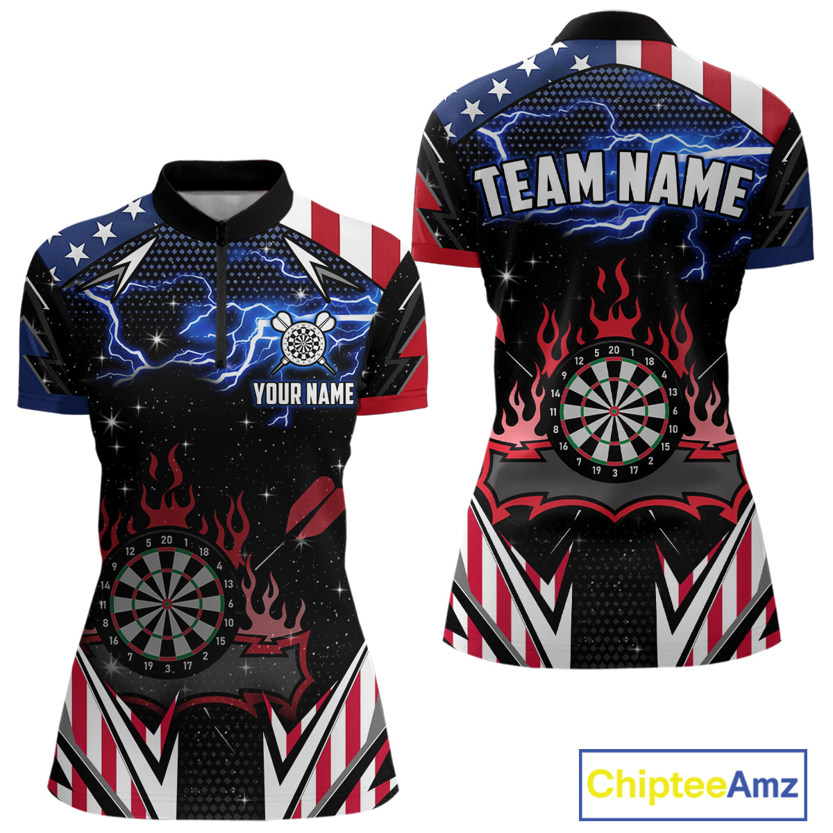 Personalized Thunder Lightning American Flag Darts Shirt For Women, Patriotic Darts League Jersey TDM4504