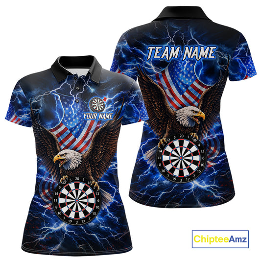 Custom Blue Thunder Lightning US Flag Eagle Darts Polo Shirt for Women Designed for Personalized Darts Team Jerseys with Premium Athletic Performance, Patriotic Graphics, and League Ready Style