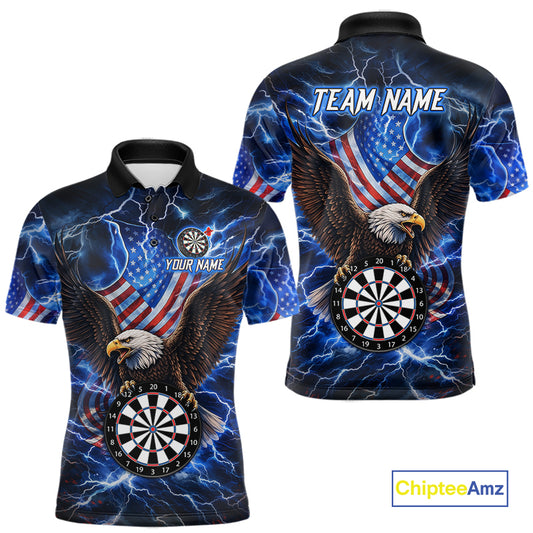 Custom Blue Thunder Lightning US Flag Eagle Darts Polo Shirt for Men Designed for Personalized Darts Team Jerseys with Premium Athletic Performance, Patriotic Graphics, and League Ready Style