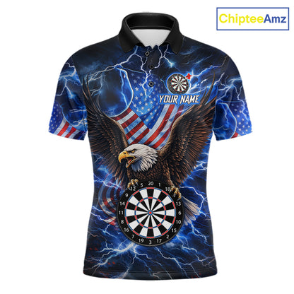 Blue Thunder Lightning US Flag Eagle Darts Polo Shirt for Men Featuring Patriotic American Eagle Artwork with Electric Lightning Effects for Dart League Players and Tournament Competition