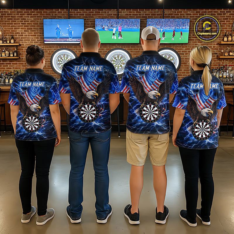 Dart Team Wearing Blue Thunder Lightning US Flag Eagle Custom Darts Team Jerseys Featuring the Complete Back Artwork, Back View