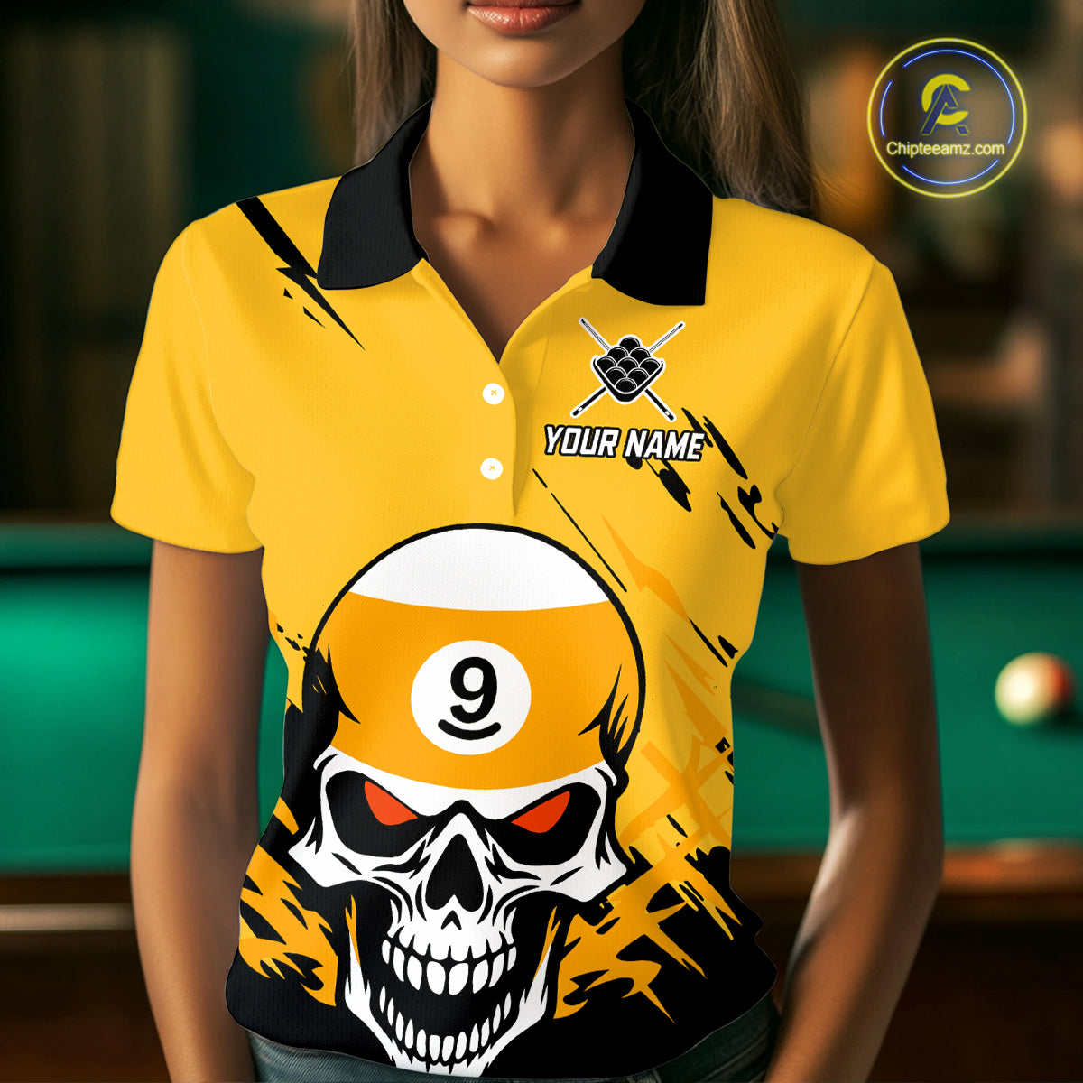 Personalized Yellow Black 9 Ball Skull Billiard Jersey For Women Custom Funny 9 Ball Pool Team Shirt TDM4732