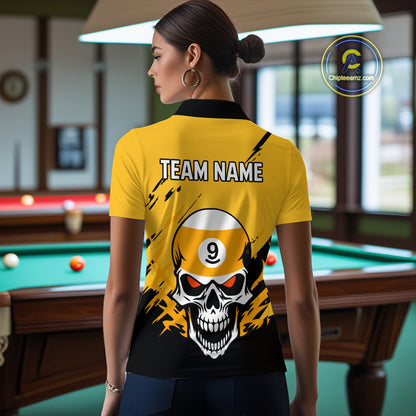 Personalized Yellow Black 9 Ball Skull Billiard Jersey For Women Custom Funny 9 Ball Pool Team Shirt TDM4732