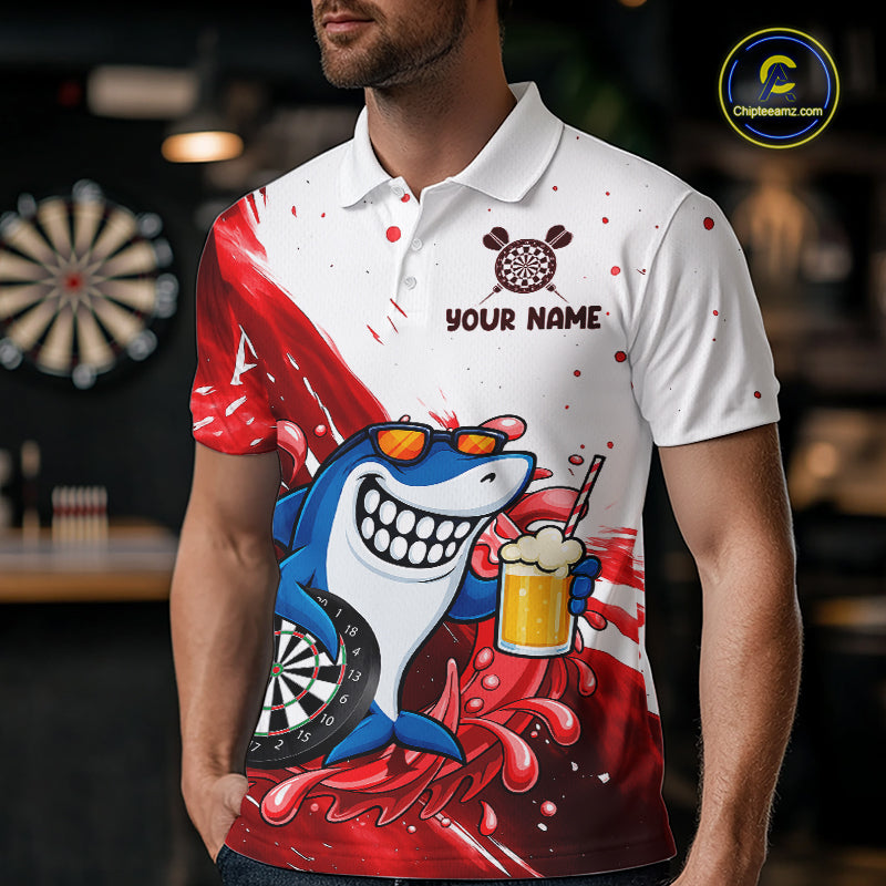 Red And White Funny Shark Darts Shirts For Men Custom Darts Team Jersey Polo, Quarter Zip TDM7433