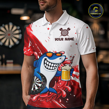 Red And White Funny Shark Darts Shirts For Men Custom Darts Team Jersey Polo, Quarter Zip TDM7433