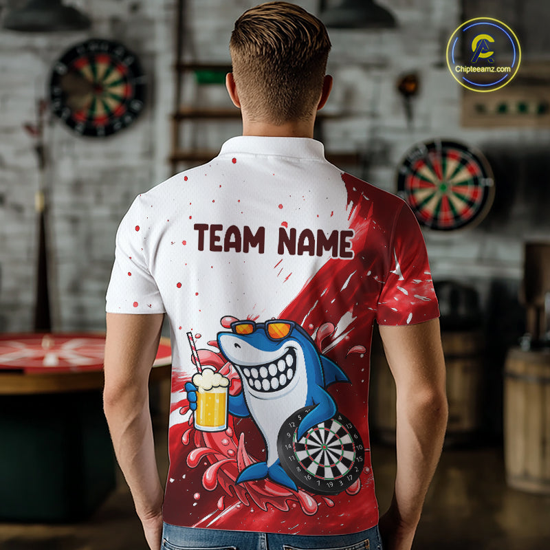 Red And White Funny Shark Darts Shirts For Men Custom Darts Team Jersey Polo, Quarter Zip TDM7433