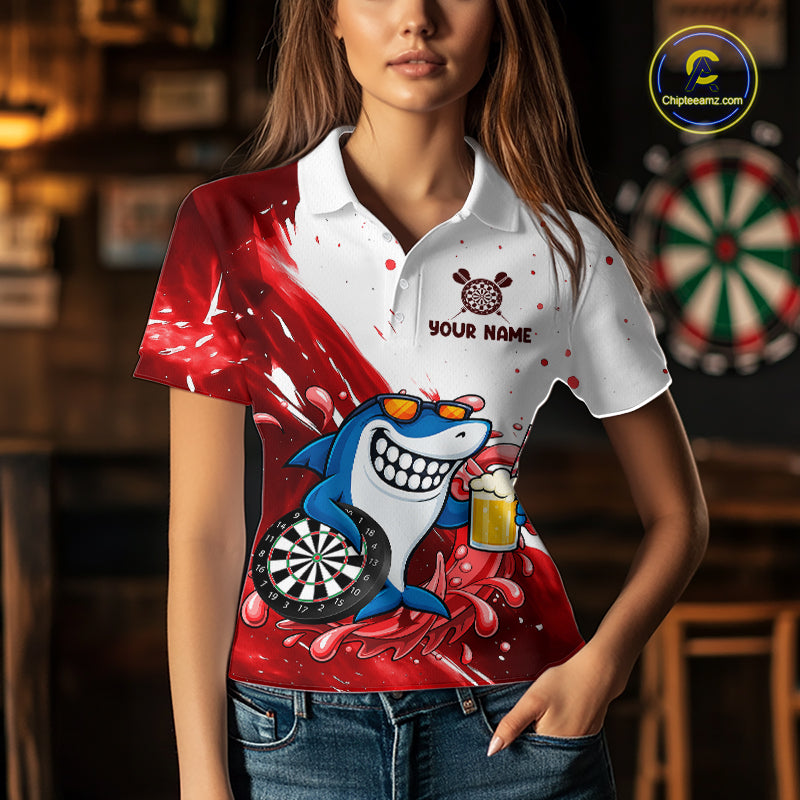 Red And White Funny Shark Darts Shirts For Women Custom Darts Team Jersey Polo, Quarter Zip TDM7433