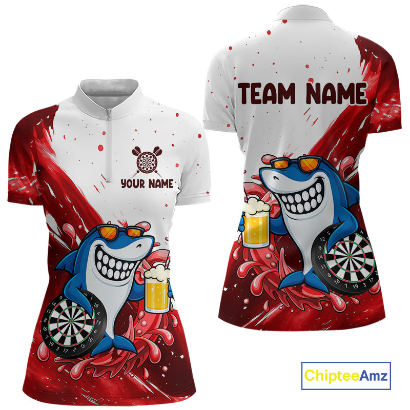 Red And White Funny Shark Darts Shirts For Women Custom Darts Team Jersey Polo, Quarter Zip TDM7433