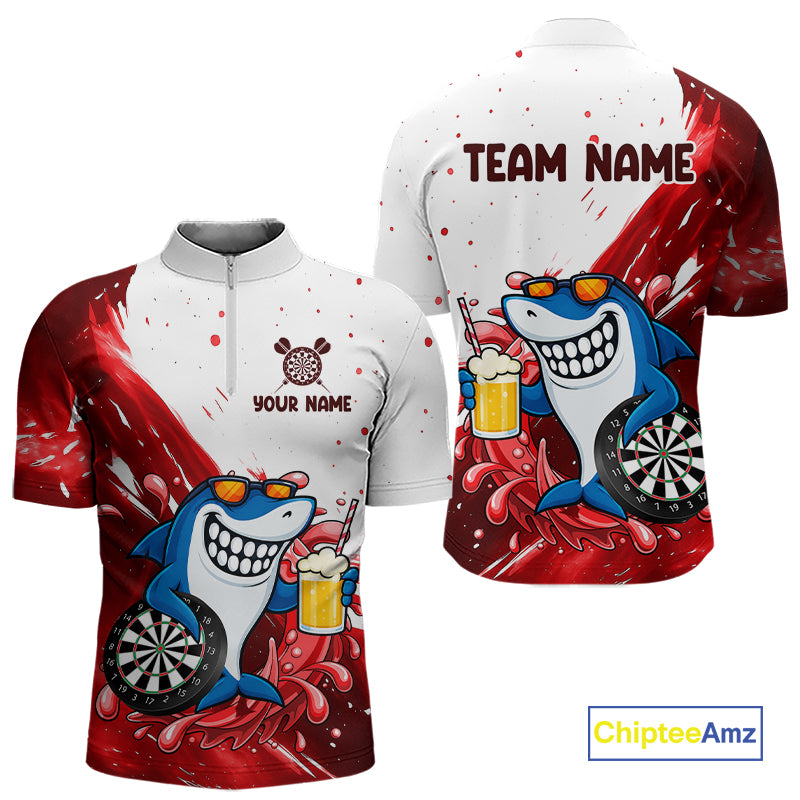 Red And White Funny Shark Darts Shirts For Men Custom Darts Team Jersey Polo, Quarter Zip TDM7433
