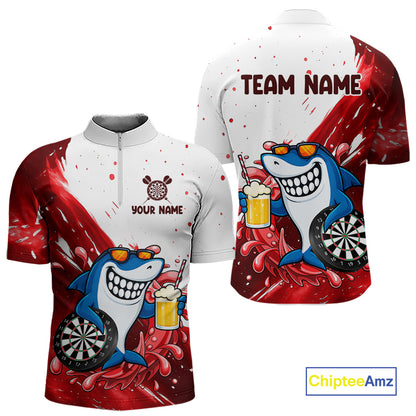 Red And White Funny Shark Darts Shirts For Men Custom Darts Team Jersey Polo, Quarter Zip TDM7433