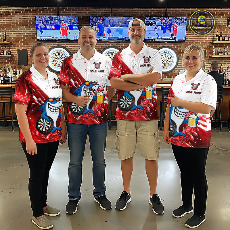 Red And White Funny Shark Darts Shirts For Men Custom Darts Team Jersey Polo, Quarter Zip TDM7433