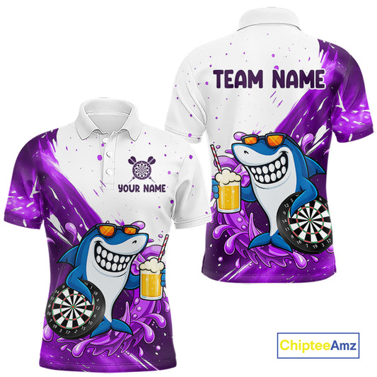 Purple And White Funny Shark Darts Shirts For Men Custom Darts Team Jersey Polo, Quarter Zip TDM7434