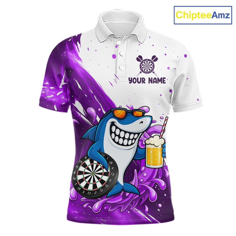 Purple And White Funny Shark Darts Shirts For Men Custom Darts Team Jersey Polo, Quarter Zip TDM7434