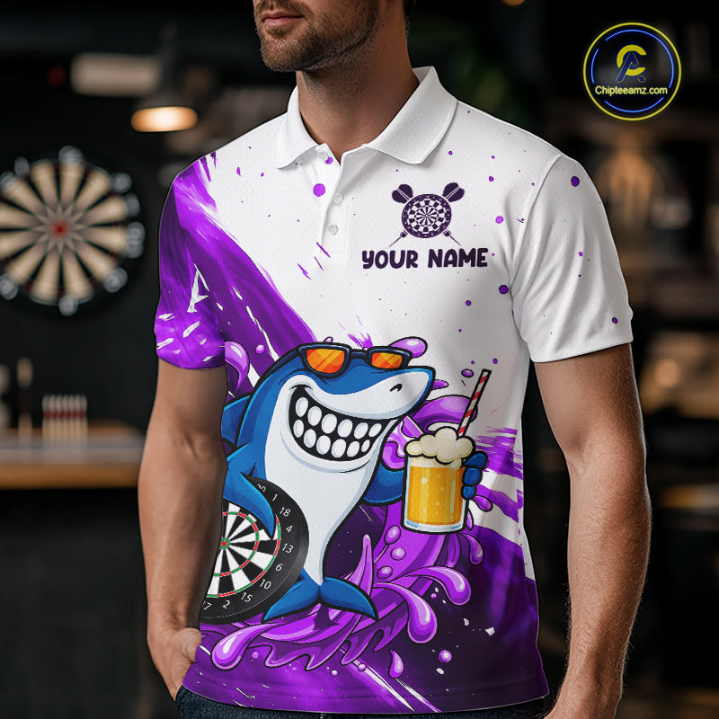 Purple And White Funny Shark Darts Shirts For Men Custom Darts Team Jersey Polo, Quarter Zip TDM7434