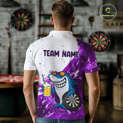 Purple And White Funny Shark Darts Shirts For Men Custom Darts Team Jersey Polo, Quarter Zip TDM7434