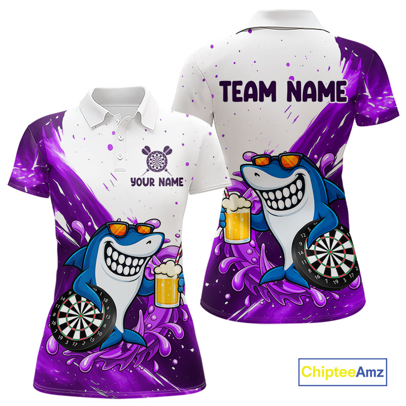 Purple And White Funny Shark Darts Shirts For Women Custom Darts Team Jersey Polo, Quarter Zip TDM7434