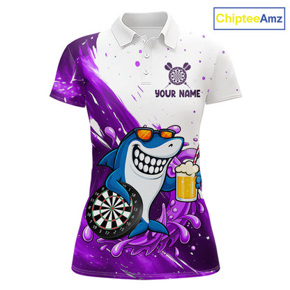 Purple And White Funny Shark Darts Shirts For Women Custom Darts Team Jersey Polo, Quarter Zip TDM7434